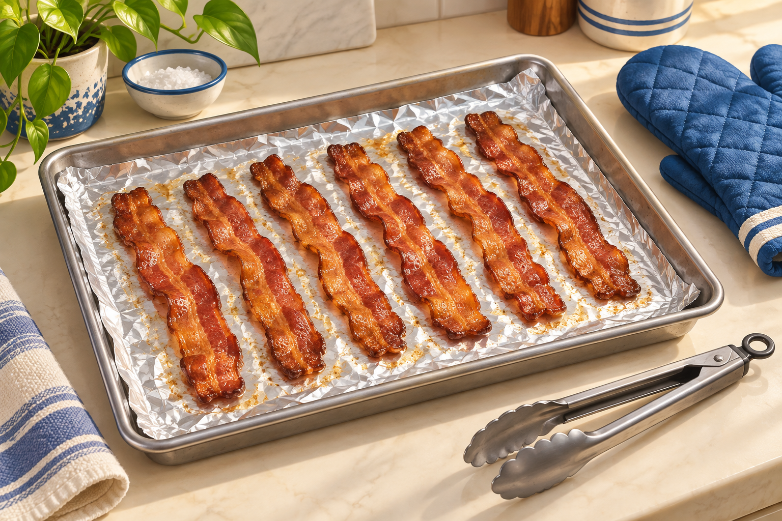 Raised sides contain grease around six separate cooked bacon strips; mitts and tongs sit beside the tray.